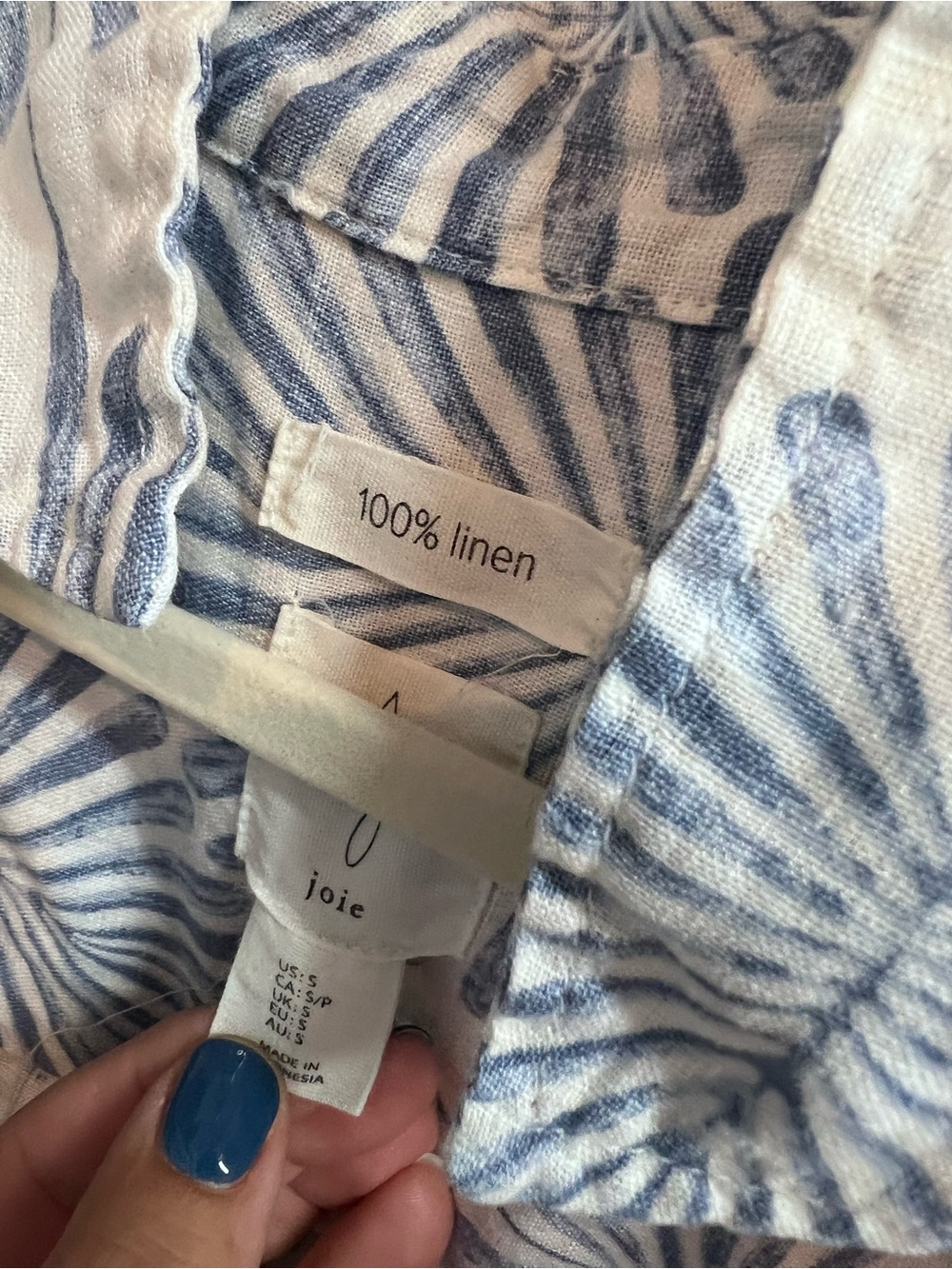 JOIE Blue and White Airy Botanical Print Linen Resortwear Coastal Blouse, S - Picture 12 of 12